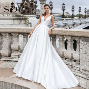 SoDigne Saten Prenses düğün elbisesi V Boyun Düğün Gelin Elbiseler Korse Backless Beyaz gelinlik Vestido de novia