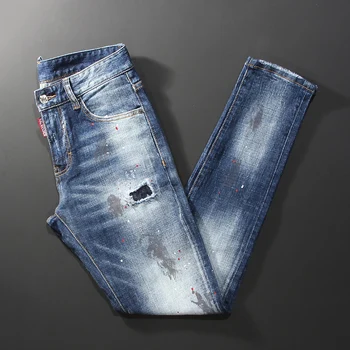 Sokak Stili Moda Erkek Kot Retro Açık Mavi Elastik Slim Fit Yırtık Kot Erkekler Marka Tasarımcısı Hip Hop Sıçrayan Kot Pantolon