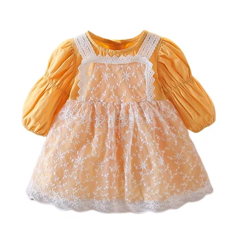 Sonbahar Bebek Kız İpek Ve Saten Kore Versiyonu Dantel Bluz Prenses Kollu Sevimli Gazlı Bez Elbise 1-3 Yıl Bebek Çocuklar İçin Moda