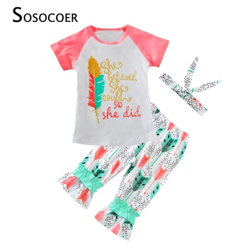 SOSOCOER Bebek Kız Giyim Seti 3 adet Sevimli Mektup T Gömlek + Tüy Pantolon + Polka Dot Kafa Bandı Yaz Çocuklar Kız Giysileri Setleri Kıyafetler