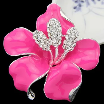 Sparkly Kübik Zirkon Kristaller Pembe Renk Enemalled Çiçek Düğün Gelin Broş Pins Diamante Kadın Çantası Pimleri