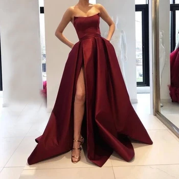 Sıcak Satış Bordo Uzun balo kıyafetleri 2021 Yüksek Yarık Kapalı Omuz Resmi gece elbisesi Cep ile Robe de soiree gala jurken