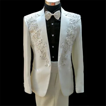 Tasarımcı Boncuk Mens Özelleştirilmiş Düğün Smokin Aplikler Damat Giyim Akşam Balo Parti Blazer (Ceket + Pantolon)