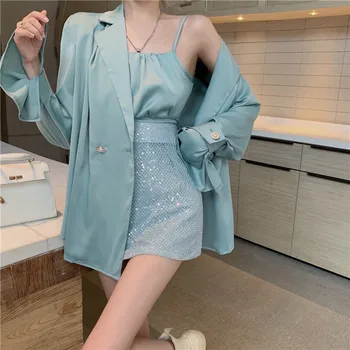 Tatlı Baharatlı Tarzı 3 adet Eşleşen Setleri Küçük Camiş ve İnce Blazer ve Sparkle Mini Etek Setleri Sonbahar Yeni Moda Seksi 3 Parça Elbise Takım Elbise