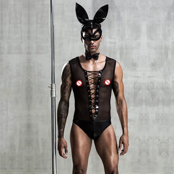 Tavşan Erkekler Seksi Erotik İç Çamaşırı Kıyafet Üniforma Cosplay Kostüm Tavşan Bodysuit Sıcak Serin Seks Rol Oynamak Porno Kıyafeti Erkekler için