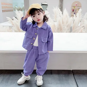 Toddlers Çocuk Giyim Setleri Bebek Kız Uzun Kollu Düz Renk Mont + Pantolon 2 Adet Çocuklar Kore Rahat Gevşek Ceketler Takım Elbise 1-6Y