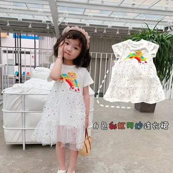 Tonytaobaby Yaz Yeni Kız Elbise Gökkuşağı Desen Yıldız Payetli Beyaz Tül Küçük Kızlar Elbiseler