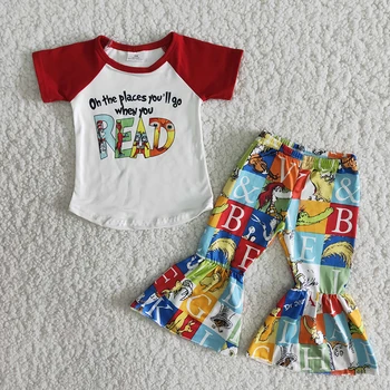 Toptan Çocuk Bebek Kız Bahar Güz Giyim Setleri Çocuklar Kırmızı Kısa Kollu Mektup Üst Gömlek Bells Pantolon Moda Toddler Kıyafet