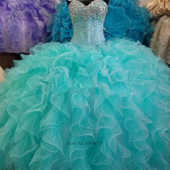 Turkuaz Quinceanera Elbiseler Organze balo elbisesi Kristal Tatlı 16 Elbise Vestidos de 15 Anos Ucuz Quinceanera Debutante Abiye
