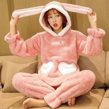 Tülin Moda Sonbahar Kış kadın Pijama Sevimli Pazen Pijama Kalın Sıcak Gecelik Sevimli Kapşonlu Gece Kıyafetleri Yumuşak Pijama