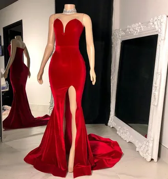 Uzun Basit balo kıyafetleri 2021 Zarif Yüksek Yarık Sevgiliye Afrika Siyah Kızlar Custom Made Kırmızı Kadife Doğum Günü Abiye giyim