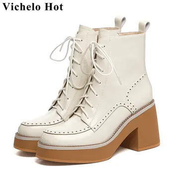 Vichelo Sıcak ınek deri batı çizmeler ıçi boş polka dot kış kare ayak süper yüksek topuklu çapraz bağlı ofis bayan yarım çizmeler l36