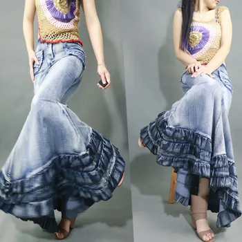Vintage Denim Etekler Yeni Moda Kadınlar Dar İnce Paket Kalça Mavi Kot Etek Bayanlar Fırfır Mermaid Maxi Uzun Etek