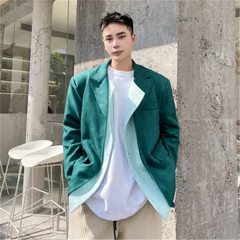 Vintage Erkekler Blazer Ceket Çıkarılabilir Sahte 2 Parça Süet Takım Elbise Ceket Tek Düğme Casual Dış Giyim Erkek Kore Tarzı Giysiler Güz