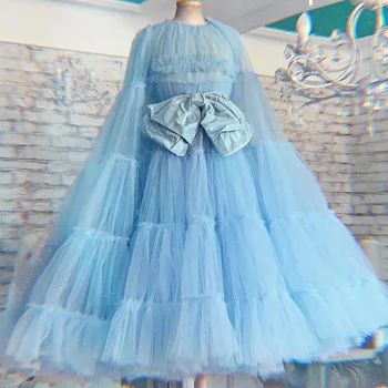 Xijun Bebek Mavi Katmanlı Ruffles balo kıyafetleri Uzun Kollu Dantelli Parlak Tül Örgün Parti Elbise Yaylar ile Kısa gece elbisesi