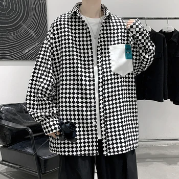 YASUGUOJI Erkekler Rahat Balıksırtı Gömlek Uzun Kollu Ekose Gömlek Moda Baggy Boy Gotik Harajuku Düğme Hırka Tops