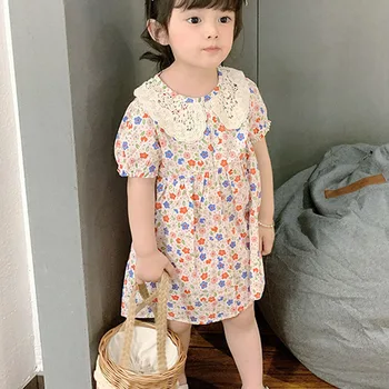 Yaz Kız Elbise Çiçek Dantel Yaka Kısa Kollu Prenses Elbise Bebek Çocuk Giysileri Çocuk giyim