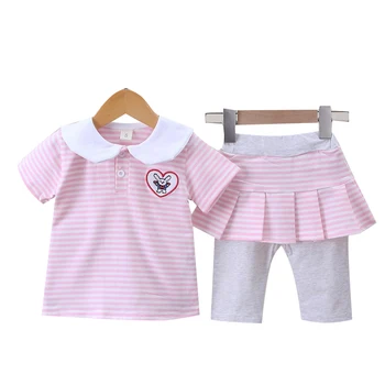 Yaz Kız giyim setleri Bebek Çocuk Giysileri Takım Elbise Çocuk Kısa Kollu Çizgili T-Shirt + Pantolon Elbise Roupas Infantil Meninas