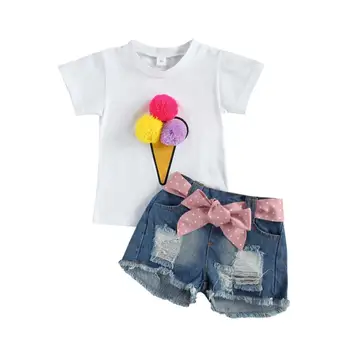 Yaz Çocuk Bebek Kız Moda Giyim Kıyafet Seti Kısa Kollu Ponpon T gömlek Tops denim şort takımı çocuk Setleri