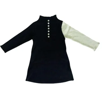 Yeni 2022 Çocuk Elbise Pamuk Kız Patchwork Bahar Elbise Örme Streç Siyah ve Beyaz Düğmeler,#6691