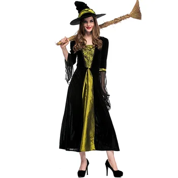 Yeni Cadılar Bayramı Cadı Kostüm Kadınlar için Yetişkin Rol Oynayan Yeşil Siyah Cadı Cosplay kostüm ve Şapka