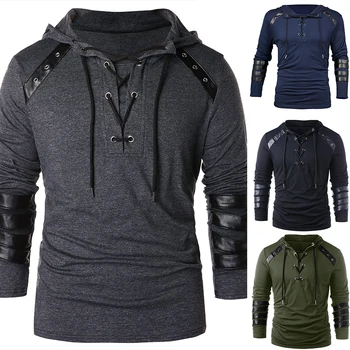 Yeni Erkek Giyim erkek Hoodie Ceket İpli Kapşonlu Hoodies Kişilik Kombinasyonu Deri Bandaj Uzun Kollu Kazak Ceket