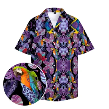 Yeni erkek gömleği Hawaii Tarzı Papağan Mor Serin Üstleri Kısa Kollu Giyim y2k Düğme Gömlek Yaz Plaj Dış Giyim Artı Boyutu