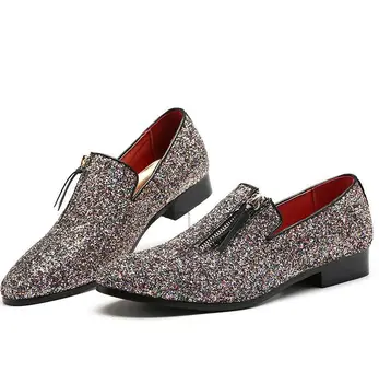Yeni varış moda yaz rahat fermuar püskül erkek loafer'lar üzerinde kayma elbise ayakkabı mocasines hombre glitter deri düşük topuklu