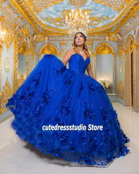 Zarif Kraliyet Mavi Quinceanera Elbiseler 2022 Çiçek Çiçekler Boncuk Meksika Kızlar Doğum Günü Balo Kıyafetleri vestidos de 15 años