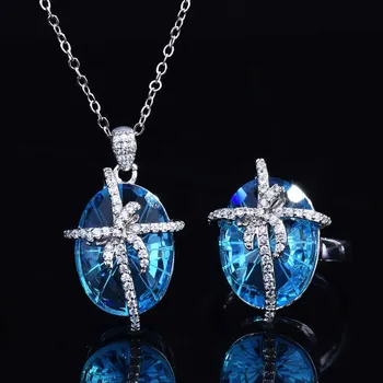 Zarif Romantik Deniz Mavi İlmek Takı Setleri Kristal Gümüş Renk halka kolye Kolye bayan kostümü Aksesuarları doğum günü hediyesi