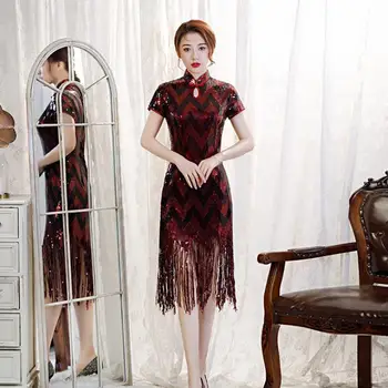 Zarif Sonbahar Elbise Kıyafeti Seksi Kadın Kadife Cheongsam'lar Çin Mandarin Yaka Kadife Qipao Boy 3XL-5XL Püskül Vestidos