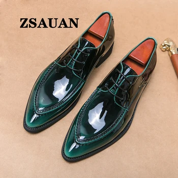 ZSAUAN Patent Deri Erkek Oxford Ayakkabı Moda Kore Erkekler Parti rahat ayakkabılar Erkekler Resmi Düğün Ayakkabı Yeşil