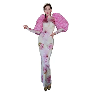 Çin Tarzı Çiçek Baskı Seksi Kadın Elbise Pembe Petal Kollu Bölünmüş Festivali Parti Giyim Sahne Şarkıcı Kostümleri Gerçekleştirmek
