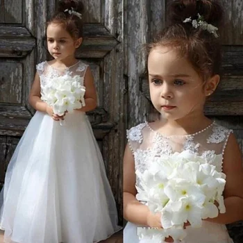 Çiçek Kız Elbise Kolsuz Prenses Dantel Aplike Şifon Pageant Zarif Elbiseler İlk Komünyon Parti Elbiseler