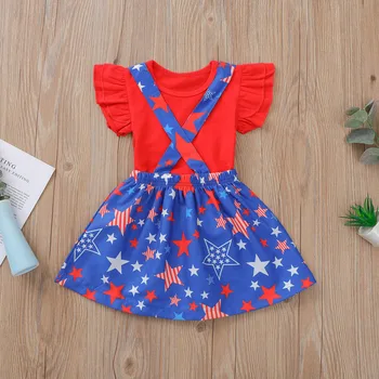 Çocuk Kısa kollu + Kayış Etek, Bağımsızlık Günü Baskı, Klasik Yuvarlak Boyun Yaz Giyim