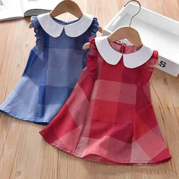 Çocuk Kız Ekose Elbise 2021 Yeni Yaz Kolsuz Elbiseler Peter Pan Yaka Prenses Sevimli Elbise Mavi Kırmızı Rahat Elbise Yaş 2-6Y