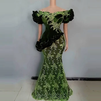 Özel klasik kısa kollu mermaid yeşil dantel anne gece elbisesi kabarık artı boyutu balo parti düğün elbisesi aplike aso eb