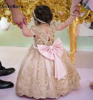 Şampanya Dantel Noel Elbise Bebek Kız Kek Elbiseler Parti Çocuklar için 1 Yıl Bebek Kız Doğum Günü Elbise