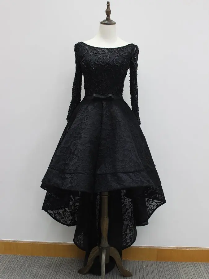 2020 Lüks Siyah Uzun Kollu Boncuk Dantel Yüksek Düşük Akşam Elbise Asimetrik Moda Balo Örgün Törenlerinde vestidos de festa Görüntü 0