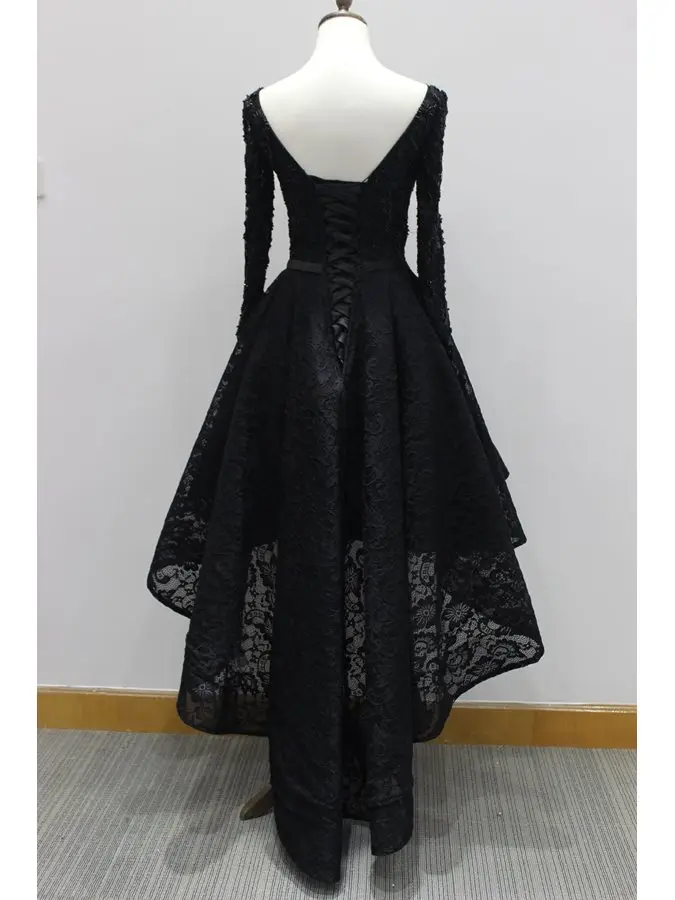2020 Lüks Siyah Uzun Kollu Boncuk Dantel Yüksek Düşük Akşam Elbise Asimetrik Moda Balo Örgün Törenlerinde vestidos de festa Görüntü 1