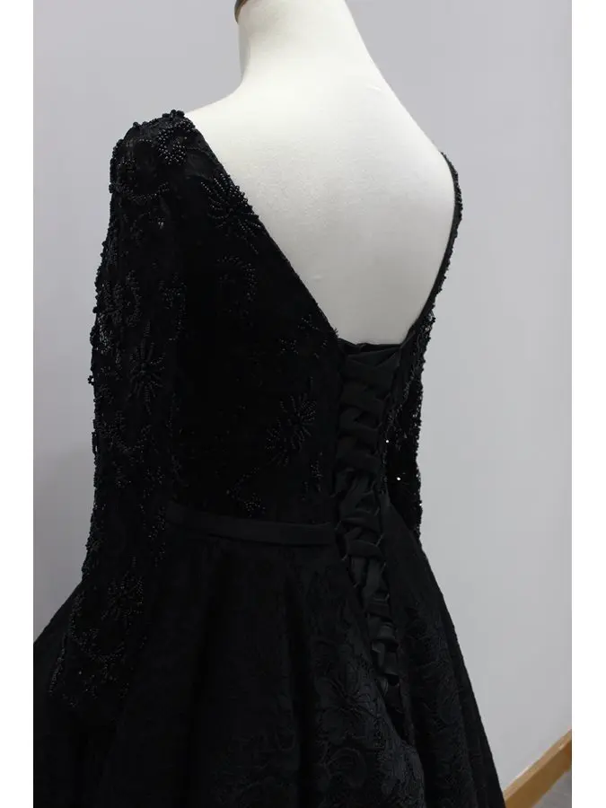 2020 Lüks Siyah Uzun Kollu Boncuk Dantel Yüksek Düşük Akşam Elbise Asimetrik Moda Balo Örgün Törenlerinde vestidos de festa Görüntü 2