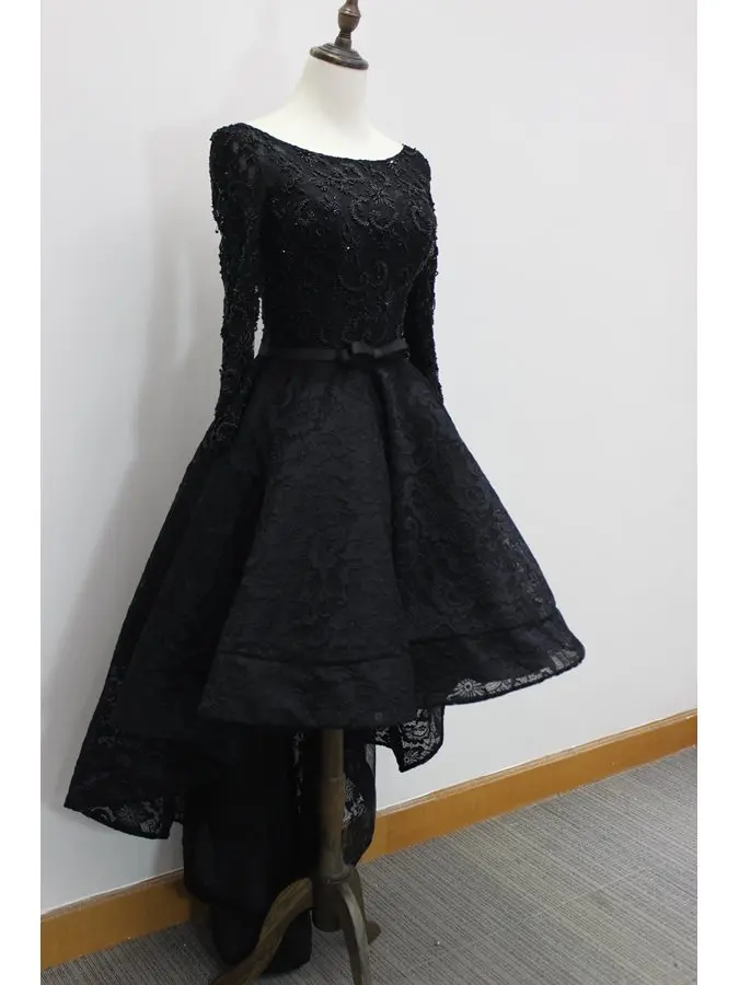 2020 Lüks Siyah Uzun Kollu Boncuk Dantel Yüksek Düşük Akşam Elbise Asimetrik Moda Balo Örgün Törenlerinde vestidos de festa Görüntü 3
