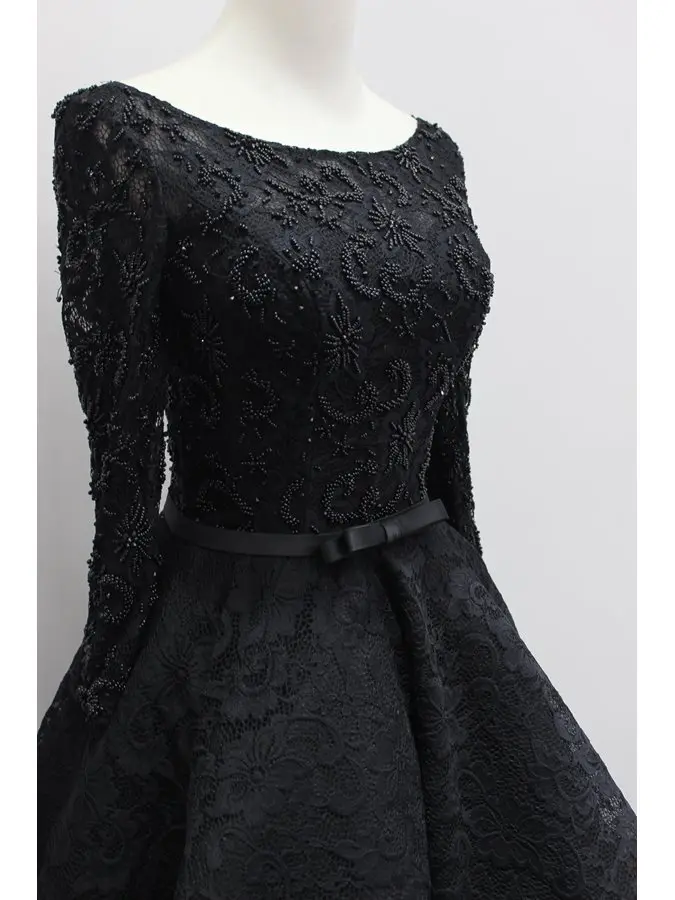 2020 Lüks Siyah Uzun Kollu Boncuk Dantel Yüksek Düşük Akşam Elbise Asimetrik Moda Balo Örgün Törenlerinde vestidos de festa Görüntü 4