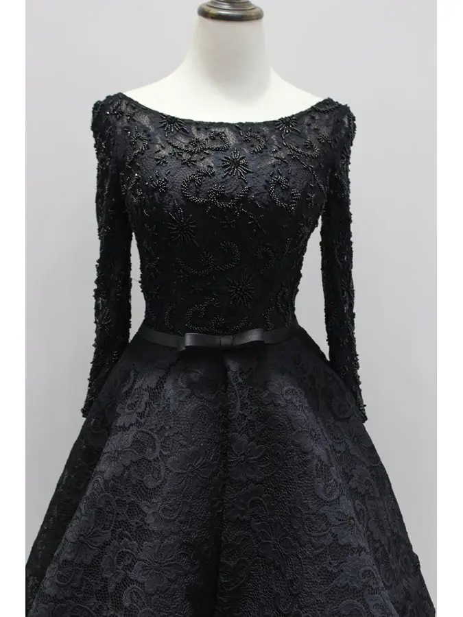2020 Lüks Siyah Uzun Kollu Boncuk Dantel Yüksek Düşük Akşam Elbise Asimetrik Moda Balo Örgün Törenlerinde vestidos de festa Görüntü 5