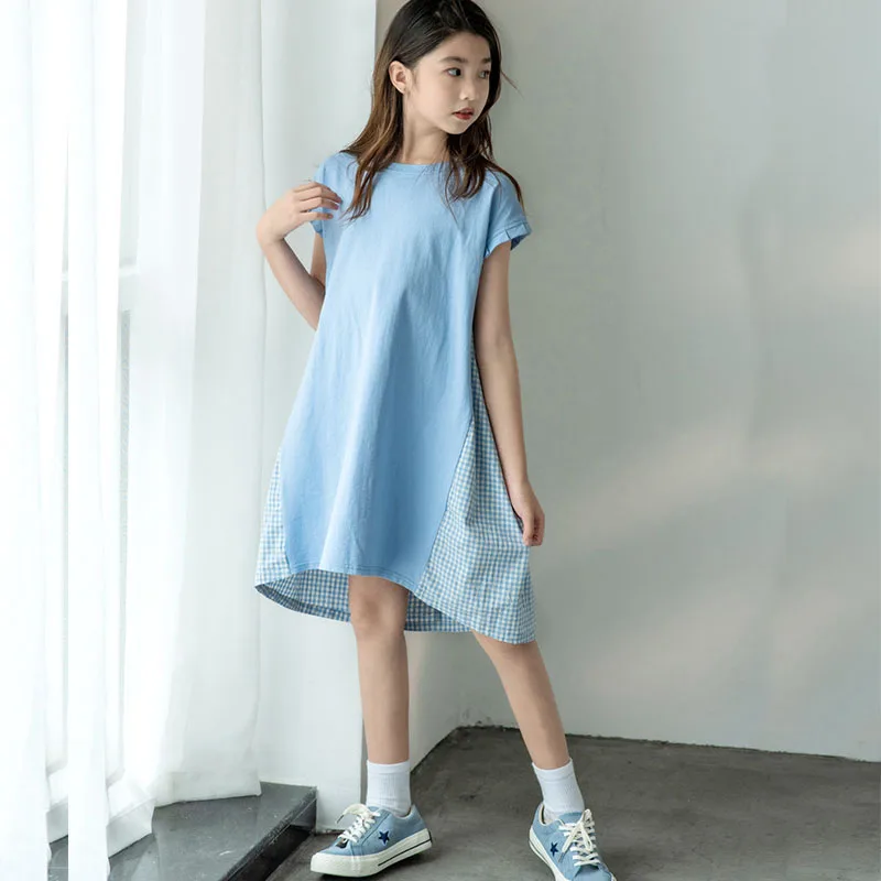 2021 Kız Elbise Zarif Mavi Ekose Çocuklar Kızlar için Elbiseler Kısa Kollu yaz elbisesi Rahat çocuk giyim 8 10 12 14 16 Y Görüntü 1