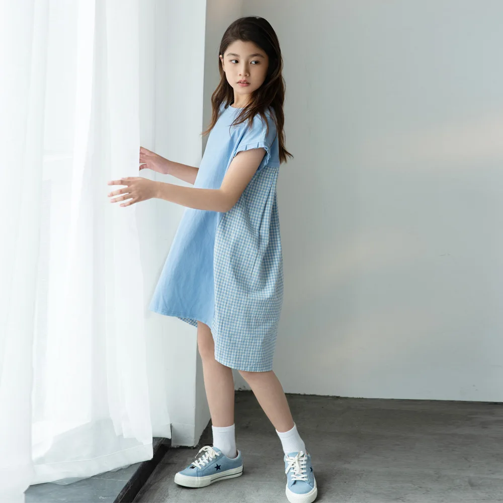 2021 Kız Elbise Zarif Mavi Ekose Çocuklar Kızlar için Elbiseler Kısa Kollu yaz elbisesi Rahat çocuk giyim 8 10 12 14 16 Y Görüntü 2