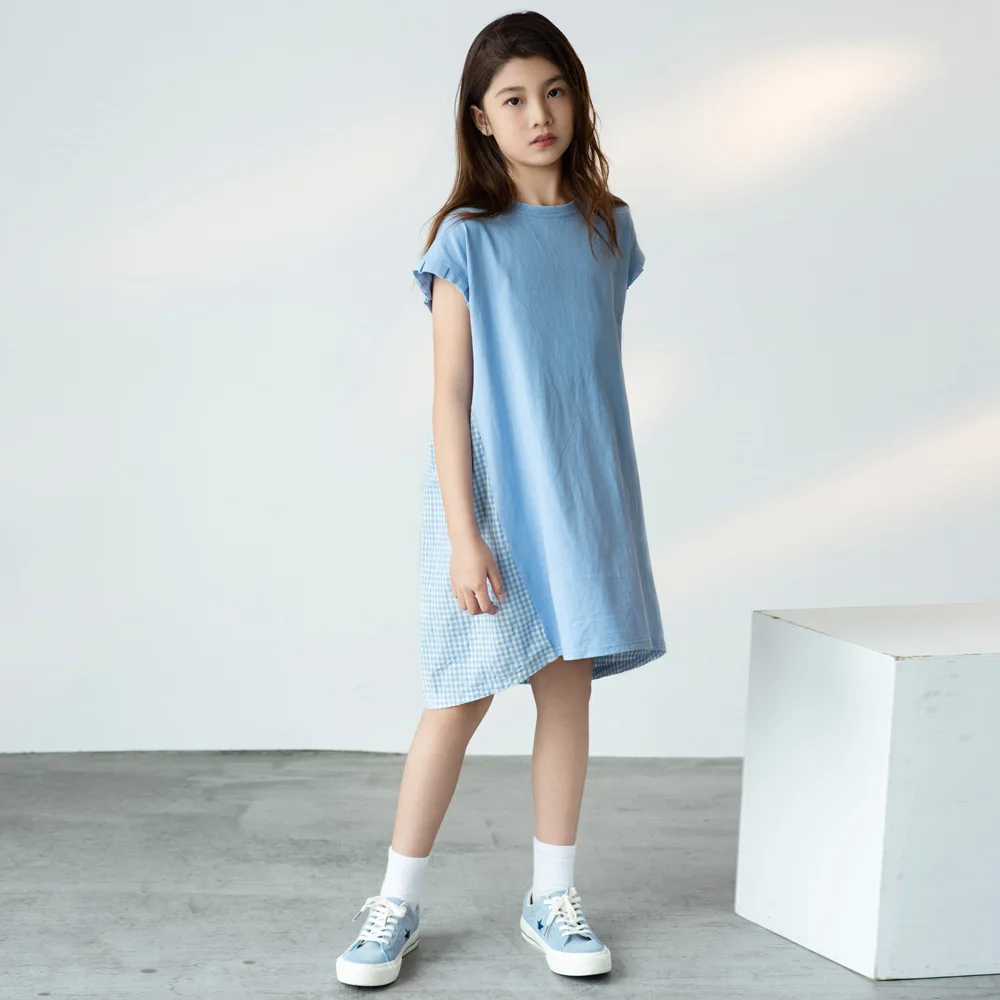 2021 Kız Elbise Zarif Mavi Ekose Çocuklar Kızlar için Elbiseler Kısa Kollu yaz elbisesi Rahat çocuk giyim 8 10 12 14 16 Y Görüntü 3