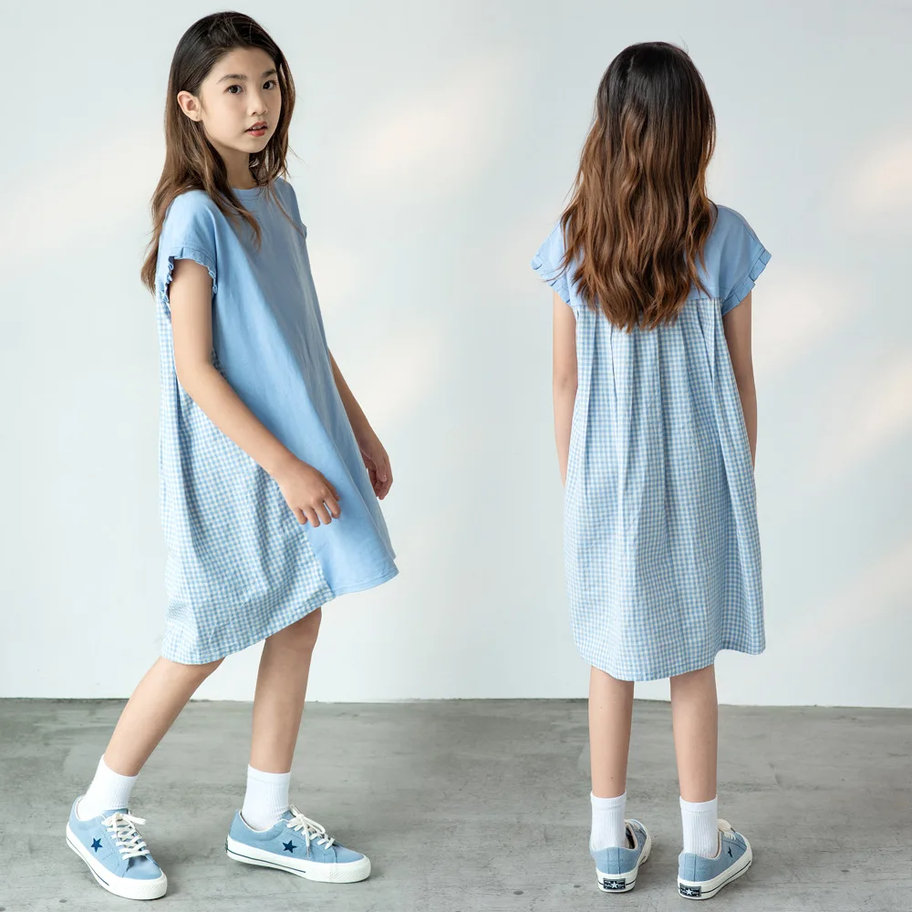 2021 Kız Elbise Zarif Mavi Ekose Çocuklar Kızlar için Elbiseler Kısa Kollu yaz elbisesi Rahat çocuk giyim 8 10 12 14 16 Y Görüntü 4