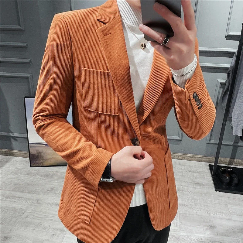 2022 Retro Kentsel Takım Elbise Ceket Moda Zarif Parti Giyim Karamel Erkekler Kadife Slim Fit Casual Blazers Görüntü 0
