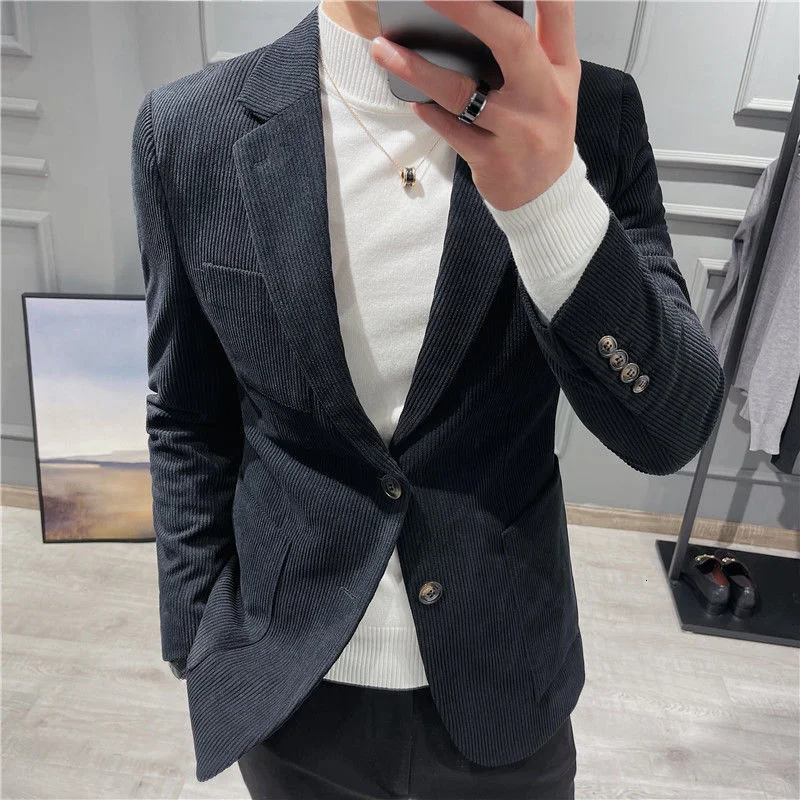 2022 Retro Kentsel Takım Elbise Ceket Moda Zarif Parti Giyim Karamel Erkekler Kadife Slim Fit Casual Blazers Görüntü 2